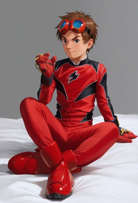 score_9, score_8_up, score_7_up, zPDXL2, 
1boy, solo, goggles on head, brown hair, 
,sitting on bed,
geki red, red bodysuit, black markings,   red gloves, red boots,