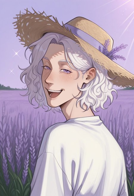 best quality, detailed face, detailed eyes, , , 
by vor sirkov 
masterpiece, best quality, absurdres, highres, general, by kp
 1 boy ,short hair, hair behind ear, parted bangs, asymmetrical bangs, wavy tips, wavy hair,bright white hair, lavender purple eyes,bright purple throw, solo, field of colors ,sparkling smile ,smile, looks at the viewer, reflections background,sun hat, sun rays, open smile, partially turned back, garden with lavender, close flowers, lavender, slightly squinting, straw hat with flowers, flowers on the hat ,white shirt,lilac on the hat, long lilac flowers