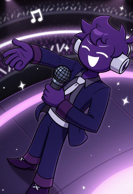 2d, 1boy, solo, Voidfnf, humanoid, male, purple body, purple hair, white sclera, no pupils, Silver Headphones, indigo jacket, gray undershirt, gray shirt collar, white and purple tie, white belt, indigo pants, purple trims, dark purple shoes

BREAK indoors, concert, audience, sparkles, eyes closed, open mouth smile, singing, holding single microphone, standing, musical notes, from above,  arm extended

BREAK best quality, amazing quality, very aesthetic, absurdres, newest, masterpiece 
