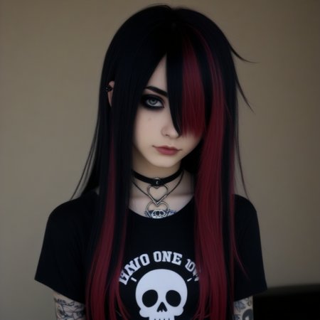 1girl, 18yo, emo, emo girl, emo hairstyle, emo makeupstyle, long hair, hair with highlights, shirt, tattoos, skirt, hair over one eye, from above