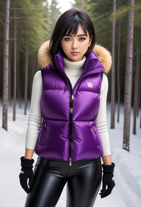 ((((puffer padded vest)))), ((((puffer padded vest)))), ((((full body)))), ((((fur boots)))), ((((puffer pants)))), winter, snow, forest, 1girl, solo, (masterpiece), detailed face, detailed eyes, (beautiful detailed eyes:1.5), sidelighting, (super detail, hyper detail, intricate_details, detailed), (semi realistic:1.6), (Bob cut), blunt bangs,(black hair), (purple eyes, eyelashs), smug smile, angry face, golden armlets, padded collar, Thick padded collar, <lora:Collar-SDXL:0.6>, <lora:cropped_puffer_vest_v2:0.4>, <lora:snowpants_v1:0.4>