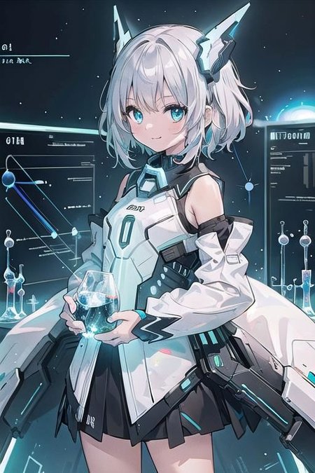 (masterpiece), (science fiction:1.4), 1girl, standing, smile, silver hair, aqua eyes, headgear, long sleeves, detached sleeves, glowing energy clothing, light particles