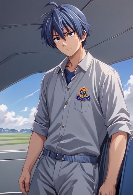 high resolution, solo, best quality, 1Boy, Tomoya Okazaki, Grey Blue Hair, dystopia, Plane Crash, OverallDetail