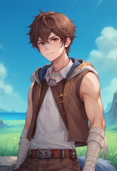 score_9, score_8_up, score_7_up, source_anime, highly detailed, skinny,
ayer, male focus, bandages, hood, 1boy, solo, bandaged arm, brown hair, brown eyes, sleeveless, bandage on face, belt, pants, hood down, upper body, tail. blue tail, smile,
outdoor, sky, clouds, grass, rocks, sit,