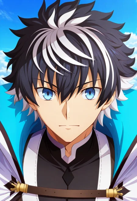 masterpiece, best quality, , anime screencap, anime coloring, official style, looking at viewer, 1boy, solo, male focus, <lora:charlemagne_fate_ilxl:1>, charlemagne_fate, black hair, blue eyes, multicolored hair, white hair, two-tone hair, short hair, hair between eyes, bangs, streaked hair, cape, ,