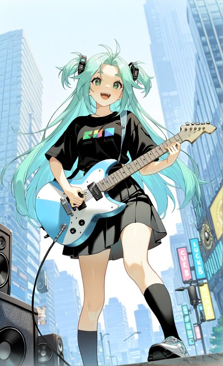 masterpiece, sharp detail, intricate detail, 1girl, <lora:To be hero X - Lucky Cyan:0.8>, lucky cyan \(to be hero x\), detailed eyes, smile, open mouth, two side up,  t-shirt, skirt, kneehighs, sneakers, outdoors, holding guitar, playing guitar, speakers, outdoors, city square, cityscape,  detailed background