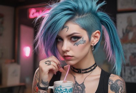 frontal side from above, anime comic style render, stressed(((woman:1.08), toned female, (punk:0.6), (goth:0.3), (hair: (dyed blueand cyan hair), shaved punk-style side cut,) piercings, tattoos, :1.21) in posing dynamic position, smooth skin, (prominent coffee mug:1.12), 
Giddy laugh, Spilling coffee, Careless, playful, 
(pui:0.01) steaming mug of coffee, oversized and centered, hand grasping handle, detailed fingers wrapped, 
longing expression, anime art style, steam rising, big sculpted 3d sculpture mug, coffee shop background, vibrant colors,(trending:1.16) )(masterpiece:1.14), (high image quality:1.08), (RAW:0.93),high definition,masterpiece, absurdres, newest, <lora:LCMTurboMix_Euler_A_fix.safetensors:0.96:0.3> <lora:sdxl\Hyper_Realism_Pony_XL.safetensors:0.85:0.18>  p15,s9