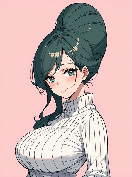 score_8_up, score_7_up, score_6_up, source_anime, 1girl, solo, simple background, pink background,
standing, pose, contrapposto, arched back, cowboy shot, 
smile,  mature female, large breasts, 
turtleneck sweater,
beehive hairdo,  <lora:beehivehairdo:1>