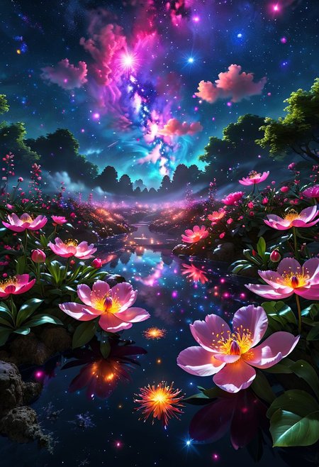 Ghibli style, best quality, high resolution, 8k Very beautiful, mesmerizing Milky Way dazzling starry sky, choreography, vibrant Godrej photorealistic effects, ultra detailed vibrant glowing peony flower petals, glowing leaves , a psychedelic fairy garden inspired by playful fireflies swaying through the beautifully finished scenes