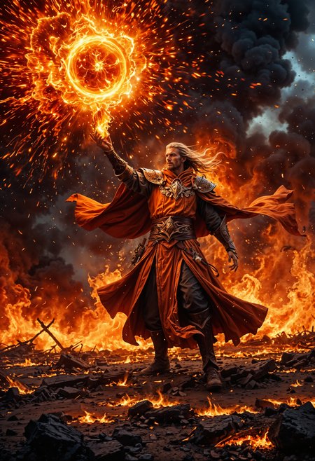 A formidable mage, garbed in flowing, ember-glowing robes, stands at the center of a desolate, scorched battlefield. The mage channels a blazing fireball, its searing flames illuminating the dark, smoke-filled air with intense, flickering light. The scene is charged with a fierce, elemental energy and a sense of impending destruction. Rendered in a Photographic style with a 135mm lens, capturing the fiery explosion’s vivid details and dramatic contrasts.
OverallDetailXL  <lora:SDXLFaeTastic2400:0.4>  <lora:DetailMaximizer:0.7> detailmaximizer <lora:MJ52:0.3>