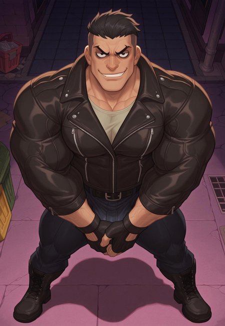 NishimuraXL,, muscular male,
1boy, leather jacket, black boots, fingerless gloves,  Intense horny look, short hair, black hair, black eyes, undercut, sadistic smile, alpha male, alpha, dominant, rude, bara, thick arms, massive pecs,,dynamic pose, cowboy shot, bulge, exposed crotch,
looking at viewer, action pose,  close-up, complex background, shadow, urban street at night, messy, trash, standing, grabbing crotch, full body shot, spread legs, from above, from side, solo, expressionless, looking at viewer, glaring, Full HD, 4K. creepy Mansion backgroud, 
cowboy shot, w0lfc0nf, 
<lora:AKinuNishimura_Style-12:1>
