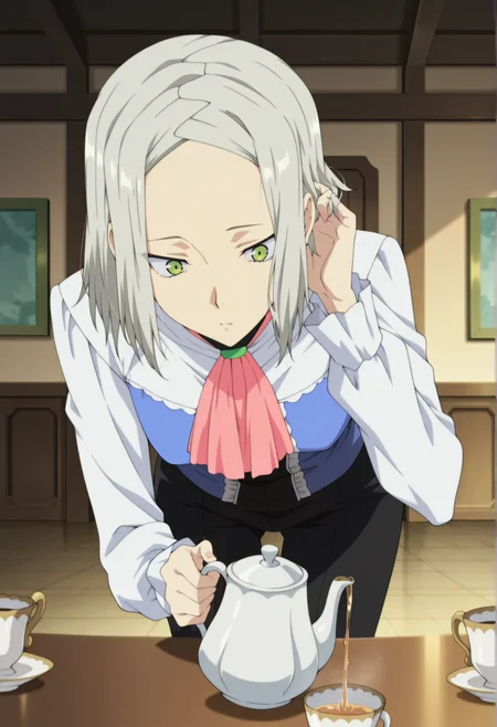 anime screenshot, anime screencap, anime coloring, 1girl, grey hair, short hair, green eyes, forehead, multicolored shirt, pink ascot, long sleeves, indoors, bent over, holding teapot, hand on hair, cup, pouring <lora:yukine_seikishi:1>, masterpiece, best quality, amazing quality, very aesthetic, absurdres, highres, newest