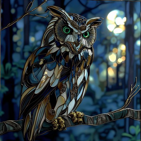 a owl in the nigth, dark theme, green eyes