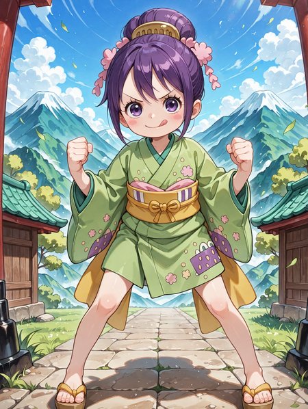 ultra-detailed, ultra-detailed background, ultra-detailed eyes, detailed limb, hair between eyes, outdoors, mountain, 1girl, <lora:Tama_Kurozumi_-_One_Piece__Illustrious:0.8>, child, purple hair, shimada hairstyle, hair bun, purple eyes, eyelashes, one piece wano style, hair ornaments, pink cheeks, green kimono, yellow sash, patched kimono, japanese sandals, loose clothes, fighting stance, detailed toes, v-shaped eyebrows, looking at viewer, licking lips, clenched hands, <lora:hand 5.5_903007:0.1>, well-defined fingers, ultra-detailed fingers, <lora:illustriousXL_stabilizer_v1.7_1135253:0.1>, <lora:spo_sdxl_10ep_4k-data_lora_webui_482964:1>, <lora:Hyper-SDXL-8steps-lora:0.5>, general, masterpiece, best quality, amazing quality, very aesthetic, absurdres,