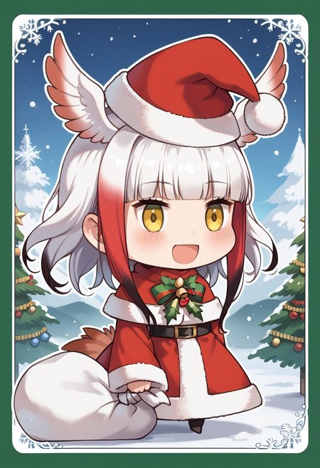 score_9, score_8_up, score_7_up, masterpiece, best quality, zzPadoru, blush, smile, open mouth, meme, holding sack, santa hat, dress, 1girl, solo, japanese crested ibis (kemono friends), head wings, multicolored hair, two-tone hair, white hair, red hair, long hair, blunt bangs, bangs, sidelocks, yellow eyes, bird tail, tail, long sleeves, wide sleeves, chibi, snow, Christmas tree, Christmas lights, Christmas border, red and green border, Christmas wreath border, presents, Christmas_card_outline