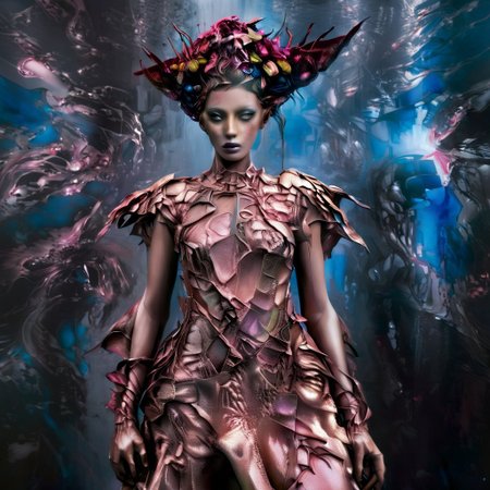ull body,a beautiful alien woman with roses in her hair, grey skin and blue eyes, long neck, smooth body shape, metallic background, high resolution, high detail, hyper-realistic, cinematic, dramatic lighting.
realistic, realism, hyperrealism, high resolution, high quality, fashion photography, detailed skin texture, beautiful female, wear multicolor balenciaga style clothes made of colorful melting jelly, wear avant-garde style clothes, lots of glitter, sunlight, fashionable, colorful melting and flowers background, dramatic mood