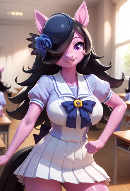 score_10 , score_9_up, score_8_up, score_7_up , score_6_up, vibrant colors, shiny_skin , detailed image, snoozing , BREAK, 
1girls , solo , ((rice) , anthro pony , pink skin , big breasts , curvy , cute , black hair), smiling , school ,
looking at viewer, indoor , dynamic pose, Standing ,
<lora:rice.pony:1.2>,