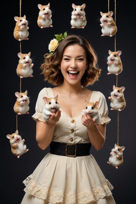 full body length 8k  by ((( Brian Kesinger ) and  Alesya Osadchaya ) and  Saul Tepper ) and  Brad Kunkle ,  cute happy woman holding up two cute hamsters while laughing maniacally, dual wielding hamsters <lora:happy:0.25><lora:maniacal_laughter:1.75><lora:dual_pistols:0.35> ,   <lora:more_art:0.70>