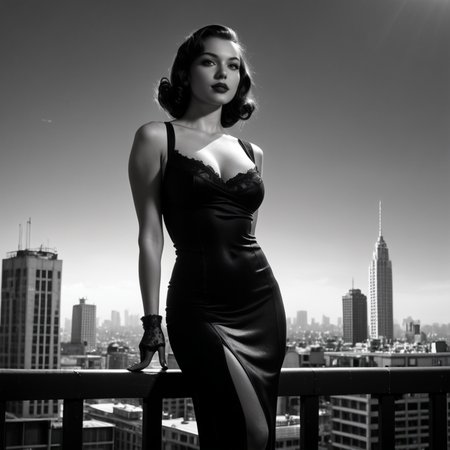 nstylev2, Film noir style, ultra realistic, ultra defined textures, monochrome, dynamic posing, 1950s style, on the rooftop of a high-rise, a curvy blond femme fatale,  her silhouette framed by the city skyline. She wears a skintight black dress slit high on her thigh, lace gloves. <lora:Noir-Style_FilmPhotography_V1_-_Pony-000010:0.7>