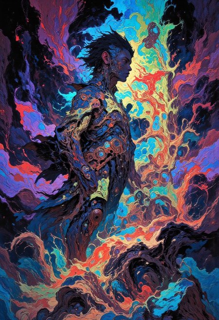 A figure with a distinctive hairstyle stands by a window in space, looking at a colorful nebula. The figure wears a suit with glowing accents and a flowing robe, holding a glowing weapon. The scene blends anime and cyberpunk styles.