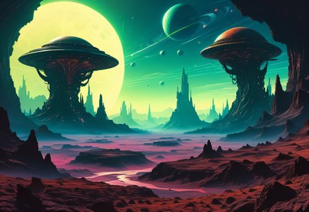 Alien planet landscape by Alena Aenami, Christopher Balaskas, Noah Bradley, Kilian Eng, Beeple, Hyperdetailed, concept art, cinematic composition.