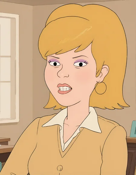 <lora:f_is_for_family_sue:0.8>,1girl, black eyes, blonde hair, cartoon, earrings, jewelry, lips, makeup, short hair, solo, sueisf, teeth
