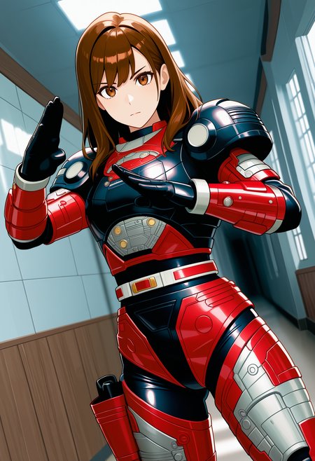 1girl, solo, R3ddle, armor, bodysuit, shoulder pad, gloves, belt, holster, brown hair, brown eyes, cowboy shot, dutch angle, looking at viewer, shiny clothes, fighting stance,
indoors, hallway, metal wall,
best quality, very aesthetic, masterpiece,