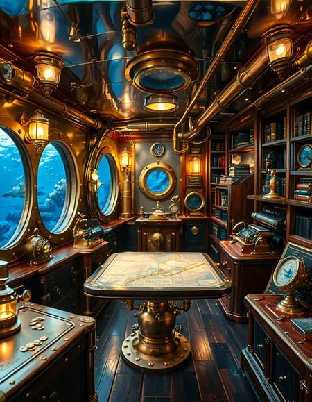 A stunning and intricate view of the interior of the Nautilus submarine, inspired by Jules Verneâs steampunk aesthetic. The room is a mix of Victorian elegance and advanced 19th-century marine engineering. The walls are lined with riveted brass and copper pipes, with intricate pressure gauges and mechanical levers. A massive, round glass porthole offers a breathtaking underwater view of deep-sea creatures swimming in the dark abyss. The warm glow of antique oil lamps and gaslights illuminates the space, casting soft golden reflections on the polished mahogany furniture and ornate brass railings. A large wooden desk is covered with old nautical charts, compasses, and a logbook filled with Captain Nemoâs notes. In the background, a library with leather-bound books and scientific instruments is neatly arranged on wooden shelves, emphasizing the scholarly and adventurous nature of the vessel. The ambiance is a perfect fusion of mystery, science fiction, and vintage maritime beauty, evoking a sense of wonder and deep-sea exploration.<lora:SDXLFaeTastic2400:0.4> <lora:extremely_detailed:0.4> extremely detailed, <lora:Nautilus_subm4r1n3:1>,Nautilus subm4r1n3, Masterpiece,best quality,hi res,8k,hi res,8k,award winning,(sharp focus, intricate, highly detailed),