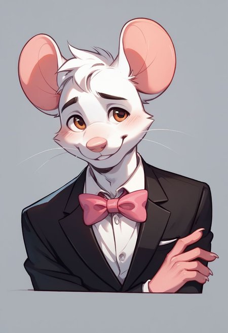 score_9, score_8_up, score_8, 1boy, anthro mouse, brown eyes, white fur, elliot, smooth, smiling, shy look, Black suit, white shirt, pink bow tie, portrait, posing