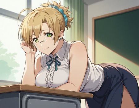 score_9, score_8_up, score_7_up, source_anime, misakisensei, <lora:misaki-sensei-ova-ponyxl-lora-nochekaiser:1>, misaki, blonde hair, large breasts, green eyes, glasses, ahoge, short hair, scrunchie, hair scrunchie,, skirt, jewelry, earrings, teacher, skirt, sleeveless, collared shirt, frilled center, frills, ribbon, white shirt,, indoors, classroom, bent over, smile, looking at viewer, solo, cowboy shot, dutch angle