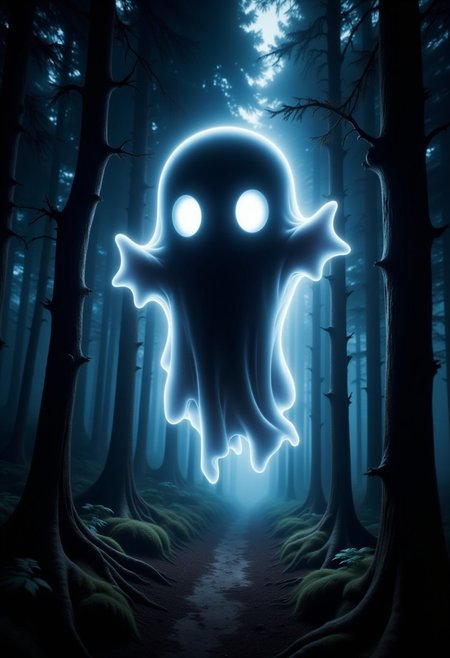 cute chibi ghost with huge eyes flyling through a dark forrest