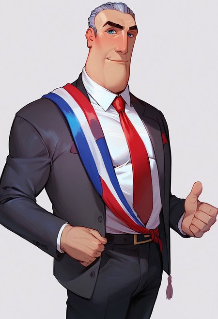 (score_9, score_8, score_9_up, score_8_up, score_7_up), easynegative, perfect eyes, 4k, Ultra-Detailed, Ultra-Highres, High quality, André Bourgeois, slicked back hair, gray hair, short hair, blue eyes, tall man, suit, dark gray jacket, tied jacket, white shirt, collared shirt, red necktie, red handkerchief in the jacket's upper pocket, dark gray slacks, sash, sash over his right shoulder, looking at view Break, simple background