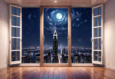 ((((front view)))), Shallow scene, ((animation style)), (((City high-rise building scenery))), ((((City scenery outside the window)))), ((sense of mystery)), (night), starry sky, moonlight, (weak light), (Facing the window), (open window), modern-style interior, Wooden floor, with white walls, (large windows), a living room, sofa and coffee table by the window sill,  (((Sofa placed horizontally))), (Behind the sofa is the window sill),
