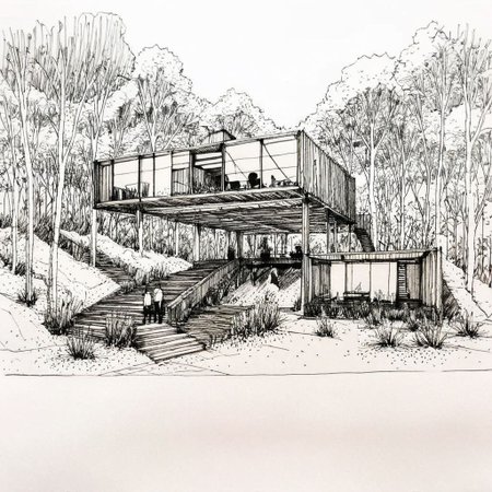Architecture sketch, Minimalist style villa made from shipping containers with a winter garden and a glass gallery.a, heavy black lines on white paper, trees, two people enjoying, <lora:HandSketcher-XL:0.7>  <lora:xl_more_art-full_v1:0.5>