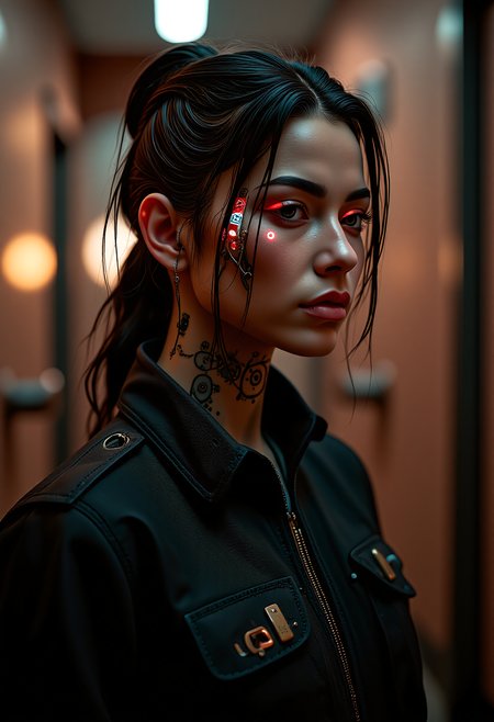 (cybersexuality android) with young latina woman face, wearing nano-weave utility jumpsuit, cybernetic Holographic tattoos emitting radiant etchings into neck tissue that display  functions and shimmering PCB landscapes augments, Steampunk-inspired augments with brass gears and cogwheel motifs, weathered bronze finish mechanical_arms, legs, arms and mechanical_legs, set in  public toilet, Powder Room, Luxurious space with elegant vanity counters, designer faucets, plush velvet seating, artisanal handcrafted wall art, and a cascading waterfall feature  , at sunset   <lora:BionicProsthetic_Eye_-_Warhammer_40000_Flux.safetensors:1.0>, a person with a crude bionic eye, <lora:flux/skin texture style v5.safetensors:1.0>, skin texture style, realism, detailed, <lora:flux/perfection style v2d.safetensors:1.0>, perfection style,