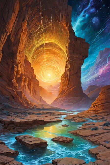 Landscape,Landscape creator,portal \(object\)to other world,  A canyon carved from fossilized music notes riverbeds of powdered starlight,  comets dragging liquid light trails, Infestations of corrupted daisies rewriting local physics, bi-monthly algae blooms painting seas neon, electrostorms weaving lace patterns in the sky, Art painting by Eddie Mendoza and Jim Lee , ,,
<lora:extremely_detailed:0.7> extremely detailed ,
<lora:add-detail-xl:0.7>,
 <lora:softdigital2x2:0.15>,
 <lora:EpicF4nta5yXL:0.3>,, Magic realism painting art style, surreal compositions, vibrant colors, blurs the line between reality and fantasy