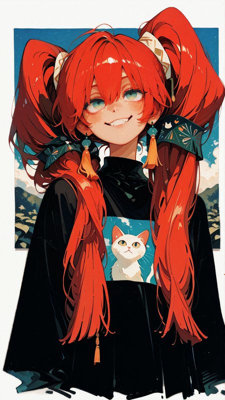 masterpiece, newest,absurdres,incredibly absurdres, best quality, amazing quality, very aesthetic, painterly, surreal, 
1girl, troll face, tress ribbon, fringe trim, twintails day, tassel earrings, photo inset, cat print, hair tubes, (big hair:1.3)
 <lora:ka_marukogedago:1> k4_illu, abstract, traditional media, scan, blending, painting \(medium\), oil painting \(medium\)   <lora:KonYa666:1> kony4666 <lora:Lifeline_Illu_Edition:1> LL-Illu