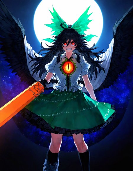 touhou, reiuji_utsuho,1girl,arm_cannon,black_footwear,black_hair,black_socks, black_wings ,bow, cape, clenched_teeth ,control_rod_(touhou), feathered_wings, glowing, glowing_eyes, green_bow ,green_skirt ,hair_bow ,kneehighs, long_hair, looking_at_viewer ,red_eyes ,shirt ,skirt ,socks, solo ,starry_sky_print, sun ,teeth ,third_eye, white_shirt, wings, cowboy_shot, face focus,
(masterpiece, best quality, high quality, absurdres, highres, newest, very awa),(zyugoya:0.8),quasarcake:0.7, Fishine,