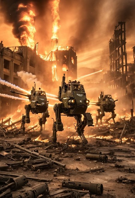 a photo of gaint military walkers in a war-torn city in ruins, sentnlsw, mecha, military, visible trails of machine gun bullets over the scene, with some areas engulfed in fire and smoke, composition with a dominant focal point and secondary elements.