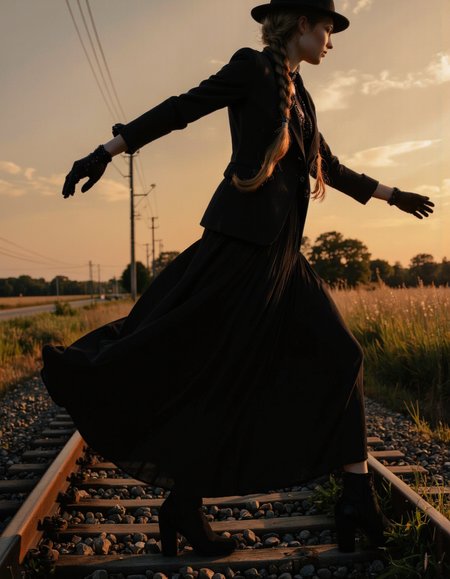 By Bruno Dayan. A photo-realistic shoot from a profile camera angle about a silhouette of a woman in a long black dress and hat walking on a railway track at sunset. the image also shows a grassy field in the background. on the middle of the image, a woman who appears to be in her mid-twenties, with a slender physique, wearing a black hat, long black skirt, and a black blazer, is walking away from the viewer with her arms outstretched. her hair is styled in a braided ponytail, and she is wearing black gloves. the woman's face is not visible, but her body is facing the viewer. the lighting is soft and warm, casting gentle shadows on her face and body.
