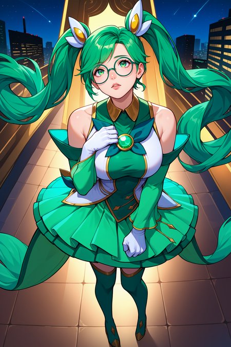 score_9, score_8_up, score_7_up, score_6_up, source_anime, 1girl, solo,  <lora:starguardiansona-pdxl-nvwls-v1-000005:1> stgdsna, twintails, green hair, long hair, green eyes, hair ornament, glasses, magical girl, white and green shirt, bare shoulders, detached sleeves, white gloves, green skirt, green thighhighs, large breasts, full body, looking up, hand to own chest, night sky, city, clenched hand, standing