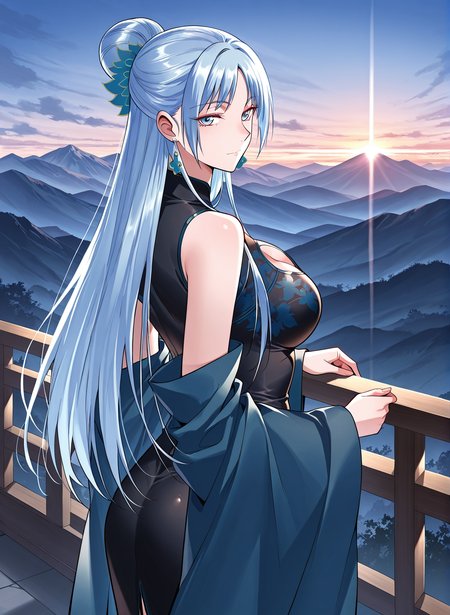 <lora:Bai_Lianer__I_am_the_Fated_Villain__Illustrious:1>
1 girl, solo, blue eyes, long hair, blue hair, bangs, single hair bun, large breasts
chinese dress, black dress, jewelry, earring, cleavage, clothing cutout, cleavage cutout, hair ornament, hair bow, bare shoulders, wide sleeves, detached sleeves
score_9, score_8_up, score_7_up, source anime, BREAK,  cowboy shot, (from side), looking back, looking at viewer, overlooking mountain, high altitude, scenery, exterior, background, (solo), perfect hands