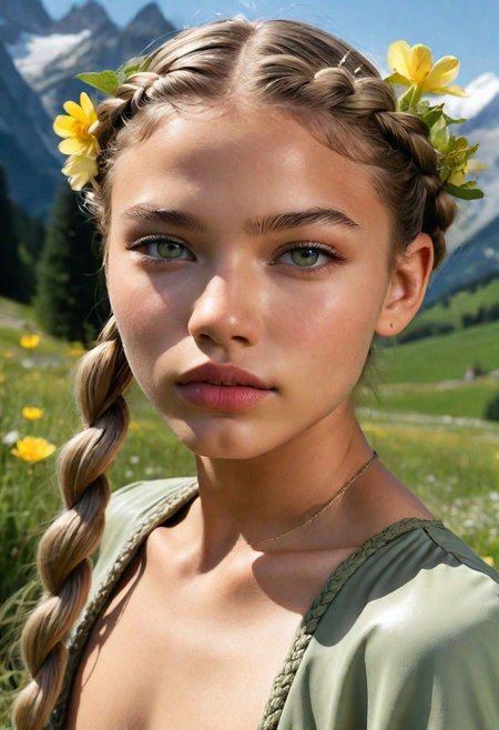 Capture the essence of the new age germanic emperor's concubine naked in a mud hole. nsfw. braided hair, girl with light green eyes. beauty face, sharp face, without makeup, big almond-shaped eyes, very light iris, moist lips, big red lips, defined jaw, big cheekbones, perfect small nose, beautiful wide eyebrows. sexy look, provocative. skinny with natural curves, wet skin . young, cute, petite, 18 years old, Sexy, very big hip, flower-adorned braids, Swiss Alps landscape in the backgound,radiant woman embodying the spirit of Heidi, accentuating her natural beauty and joy, set against a background of alpine flowers, illuminated by warm sunlight, shot at eye level with a high-resolution mirrorless camera, inspired by the timeless elegance of Richard Avedon,2000s vintage RAW photo, photorealistic, candid camera, color graded cinematic, atmospheric lighting, skin pores, skin imperfections, natural, shallow dof
