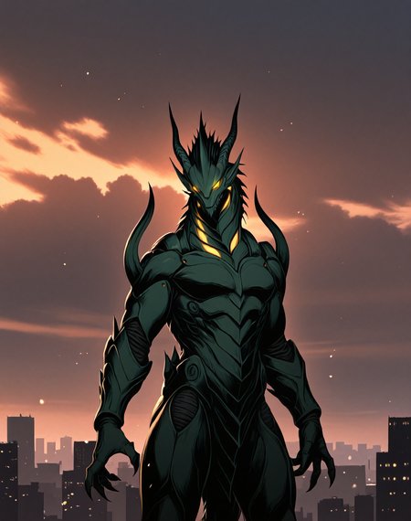 score_9, score_8_up, score_7_up,
8K, In'ei, chiaroscuro, cinematic side lighting, perfect depth of field shot, masterpiece, beautiful, sharp focus, crisp details,
<lora:Draglord_(Guyver)_(Illustrious)_(AD):1> Draglord, Guyver, dragon, 
exterior, science fiction, sky with anime clouds, summer, hot day, city skyline, 
dynamic action, bent leg, cowboy shot, 
green body, green skin, titanic, gigantic, kaiju, glowing eyes, 
BREAK Smooth Quality, IllusP0s, lazyhand, lazympos, lazynsfw,
