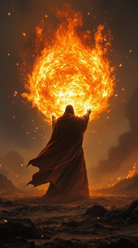 A formidable mage, garbed in flowing, ember-glowing robes, stands at the center of a desolate, scorched battlefield. The mage channels a blazing fireball, its searing flames illuminating the dark, smoke-filled air with intense, flickering light. The scene is charged with a fierce, elemental energy and a sense of impending destruction. Rendered in a Photographic style with a 135mm lens, capturing the fiery explosion's vivid details and dramatic contrasts.