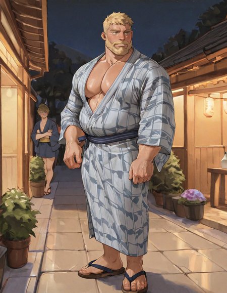 masterpiece, best quality, newest, best quality, highres, male focus, mature male, bara, large pectorals, beard, traditional_media, t00b0sh001ll, blonde_hair, yukata, night_sky, full_body, plump
