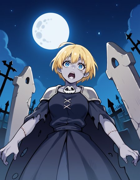 score_9, score_8_up, score_7_up, source_anime, <lora:fireforce-iris-s1s2-ponyxl-lora-nochekaiser:1>, iris, short hair, blonde hair, blue eyes, medium breasts,, <lora:zombie-ponyxl-lora-nochekaiser:1>, zombie, colored skin, stitches, grey skin, multicolored skin, stitched face, zombie pose, halloween, halloween costume,, night, moon, graveyard, tombstone, grave, open mouth, , dutch angle, cowboy shot