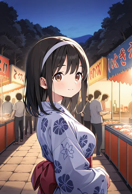 general, masterpiece, best quality, newest, absurdres, highres, very awa, outdoors, night, 1girl, solo, <lora:OCAyumi:1> OCAyumi, black hair, medium hair, hairband, white hairband, brown eyes, medium breasts, yukata,  <lora:natsumatsuri:0.8> natsumatsuri, festival, crowd, food stand, stalls, real world location, light smile, looking at viewer,