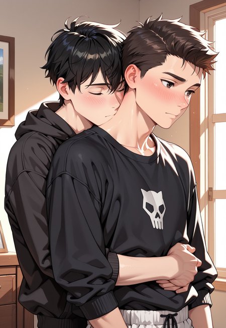 Male focus, stunning masterpiece, ((best quality:1.2)), ((two boys hugging each other)), handsome, cute, 18yo, perfectly detailed handsome face, high cheekbones, strong jawline, detailed eyes, short hair, slim waist, intimate, blushing, BREAK ultra-high-definition, sharp details, high quality, realistic, natural textured skin, 16k, intricate details, Expressiveh, World class and stunning, BREAK black hoodie, head and shoulders shot, close-up, hug from behind, face tucked into neck, arms around waist, bedroom, chiaroscuro, cuddling, hug