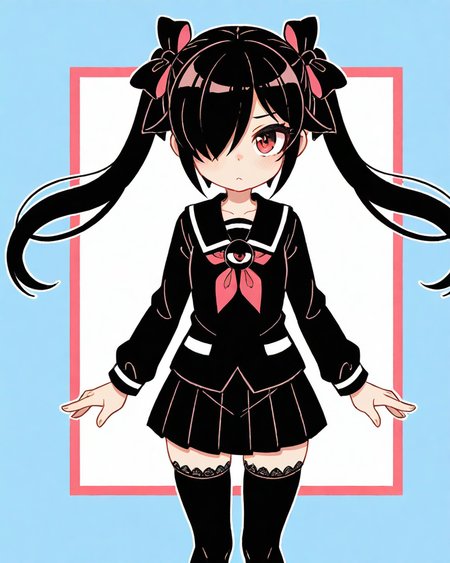 1girl, solo, standing, cowboy shot, 
(backbeako \(torotei\)), long hair, black hair, red eyes, twintails, hair over one eye,  black thighhighs, zettai ryouiki, lace-trimmed legwear, 
pastel colors, calm colors, anime screencap, photorealistic, best quality, newest, absurdres, highres, <lora:dmd2_sdxl_4step:1>